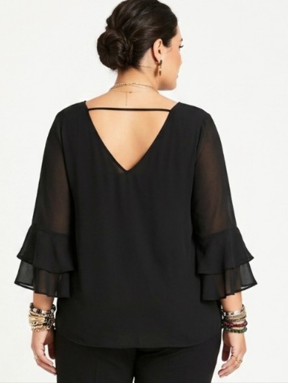 Sheer V-Neck/Back Ruffle Sleeve Blouse